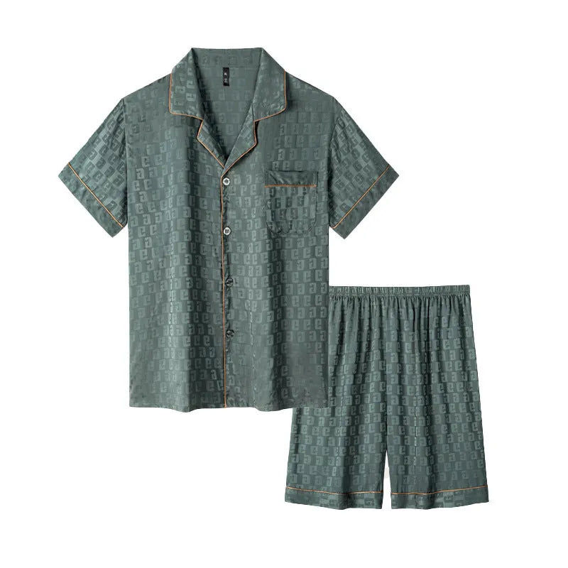 Men's ice silk pyjama set in artificial silk with shorts length and cardigan style in satin jacquard pattern