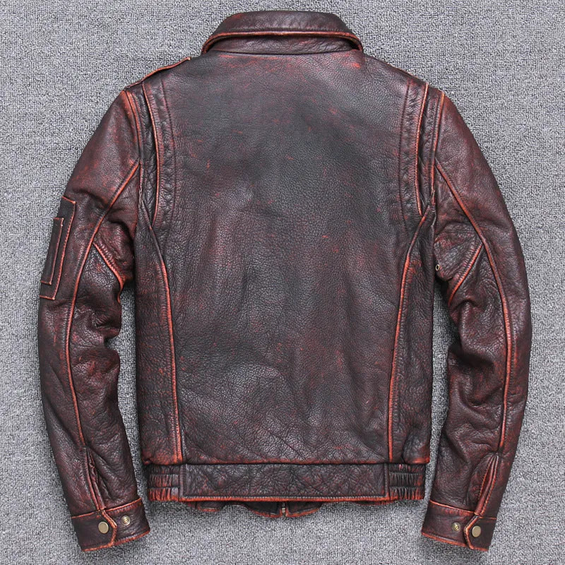 Thick cowhide leather casual jacket for men in American leisure style with lapel collar and ribbed hem