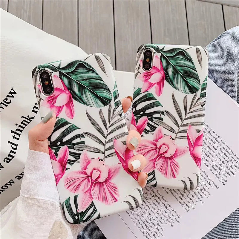 Pink floral pattern TPU iPhone case back cover showing flower design