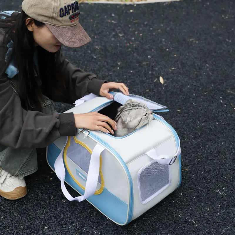 Oxford cloth foldable cat backpack in blue colour with mesh ventilation panels