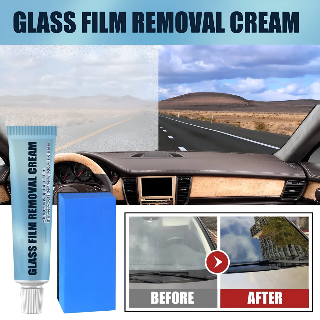 Blue car glass oil film remover with sponge applicator for windshield and window cleaning