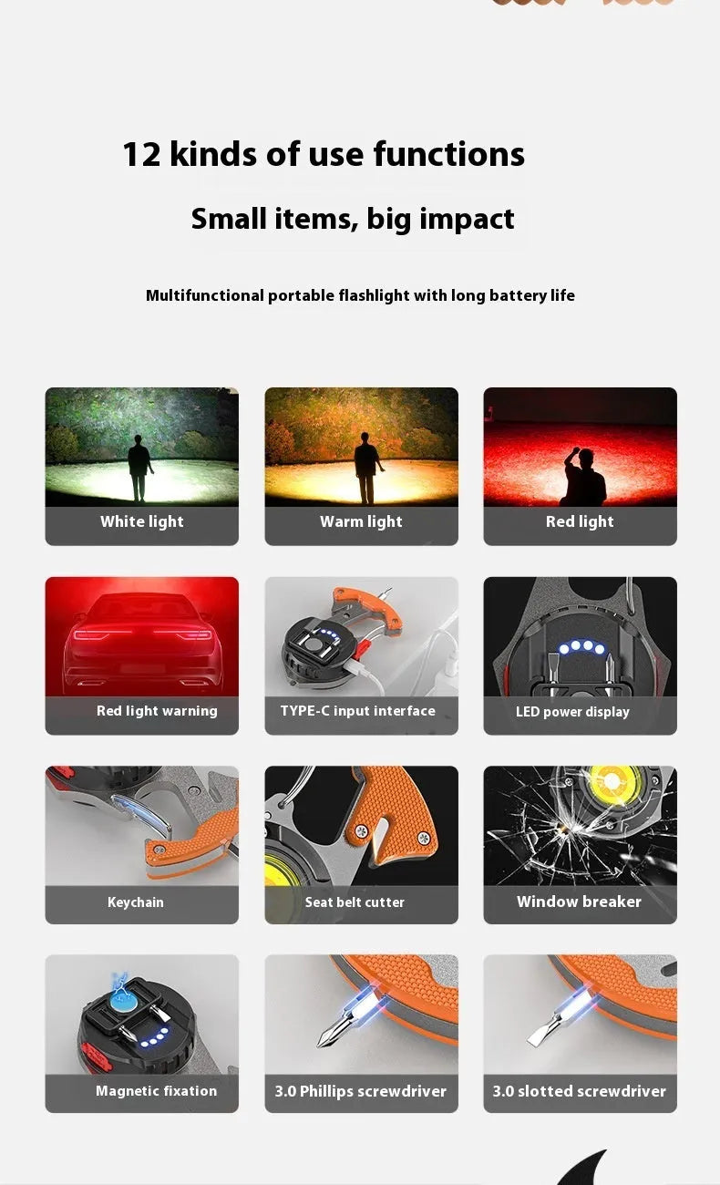 Compact silver and black multifunctional keychain flashlight with keyring, display screen, window breaker, and screwdriver.