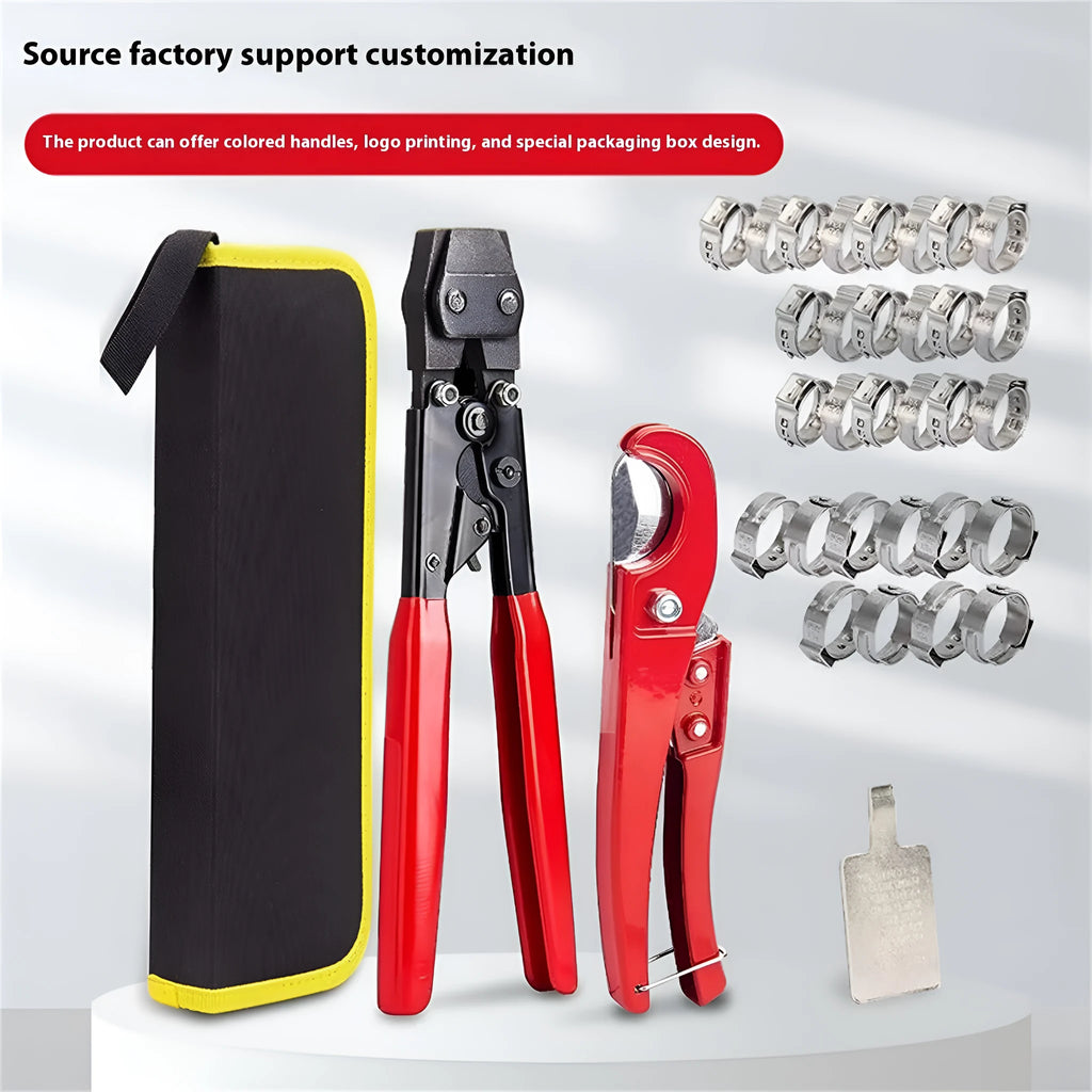 Red cloth packaged PEX clamp set with single ear metal clamps and carbon steel cutting edges