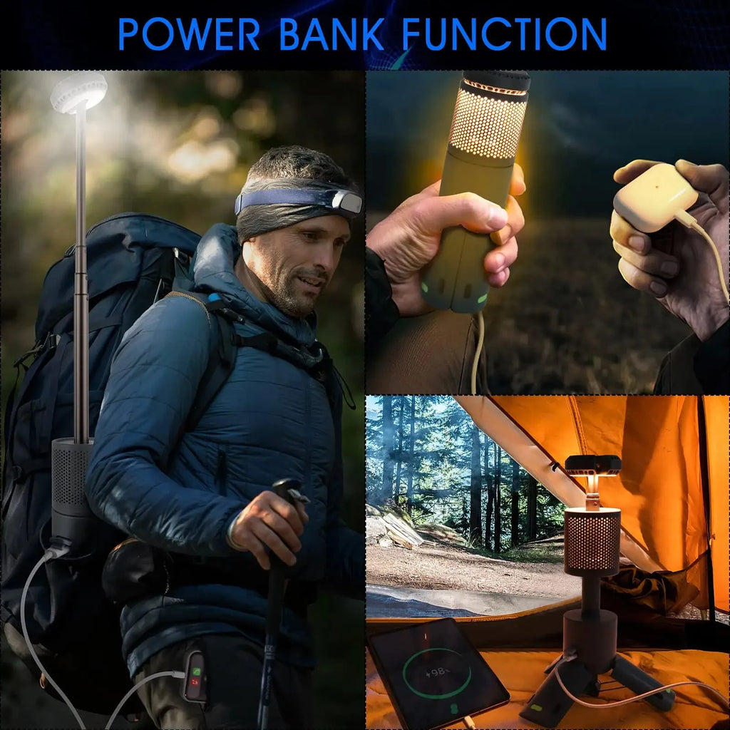 Portable camping LED lantern in off-white and dark grey colours with battery power and button switch