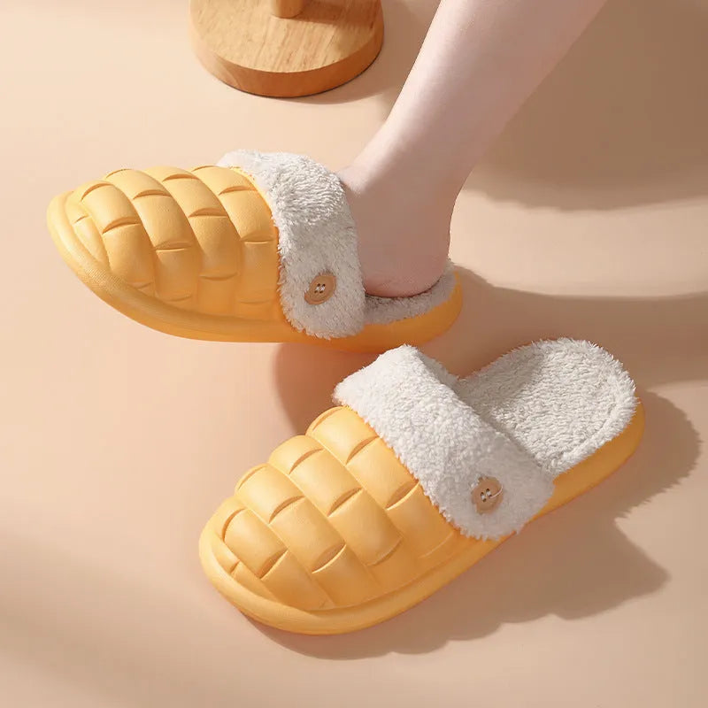 Plaid detachable slippers showing EVA construction and plush lining in pink, green, yellow, white, grey, or black.