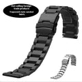 Solid stainless steel watch strap with double-security buckle and quick release pins in silver finish on black background