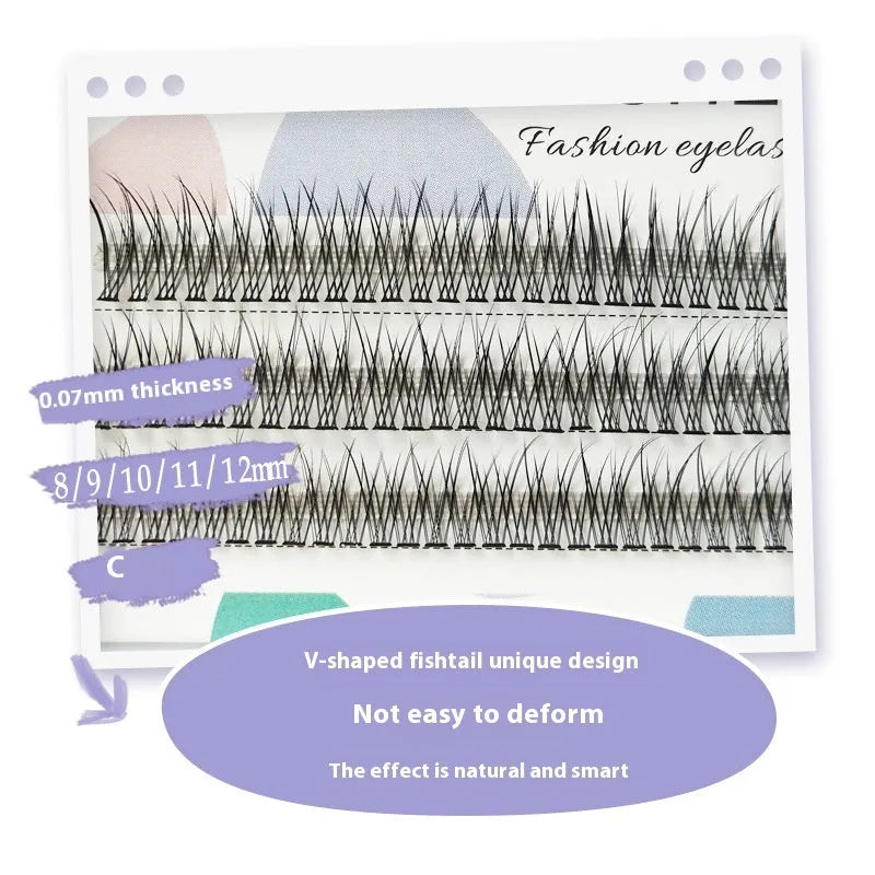 Black V-shaped fairy fishtail false eyelashes showing thick segment design in natural long style