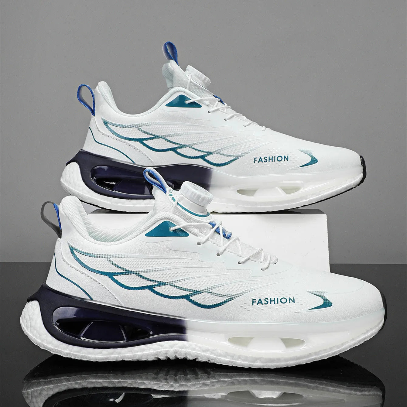 Men's low-top rotating button sneakers with shock absorption in mesh or leather options