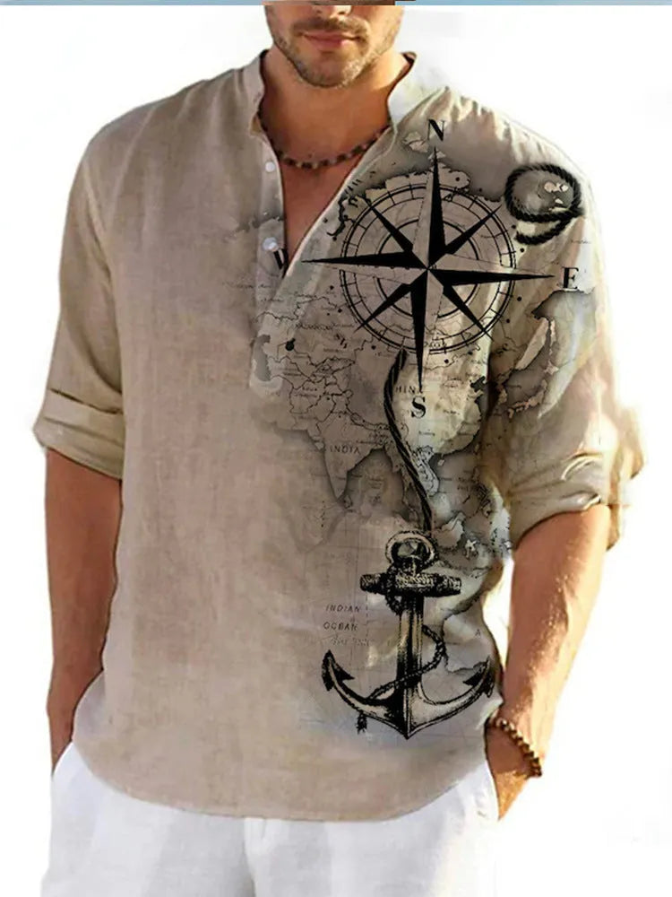 Thin striped Hawaiian long sleeve shirt in polyester fabric on a hanger