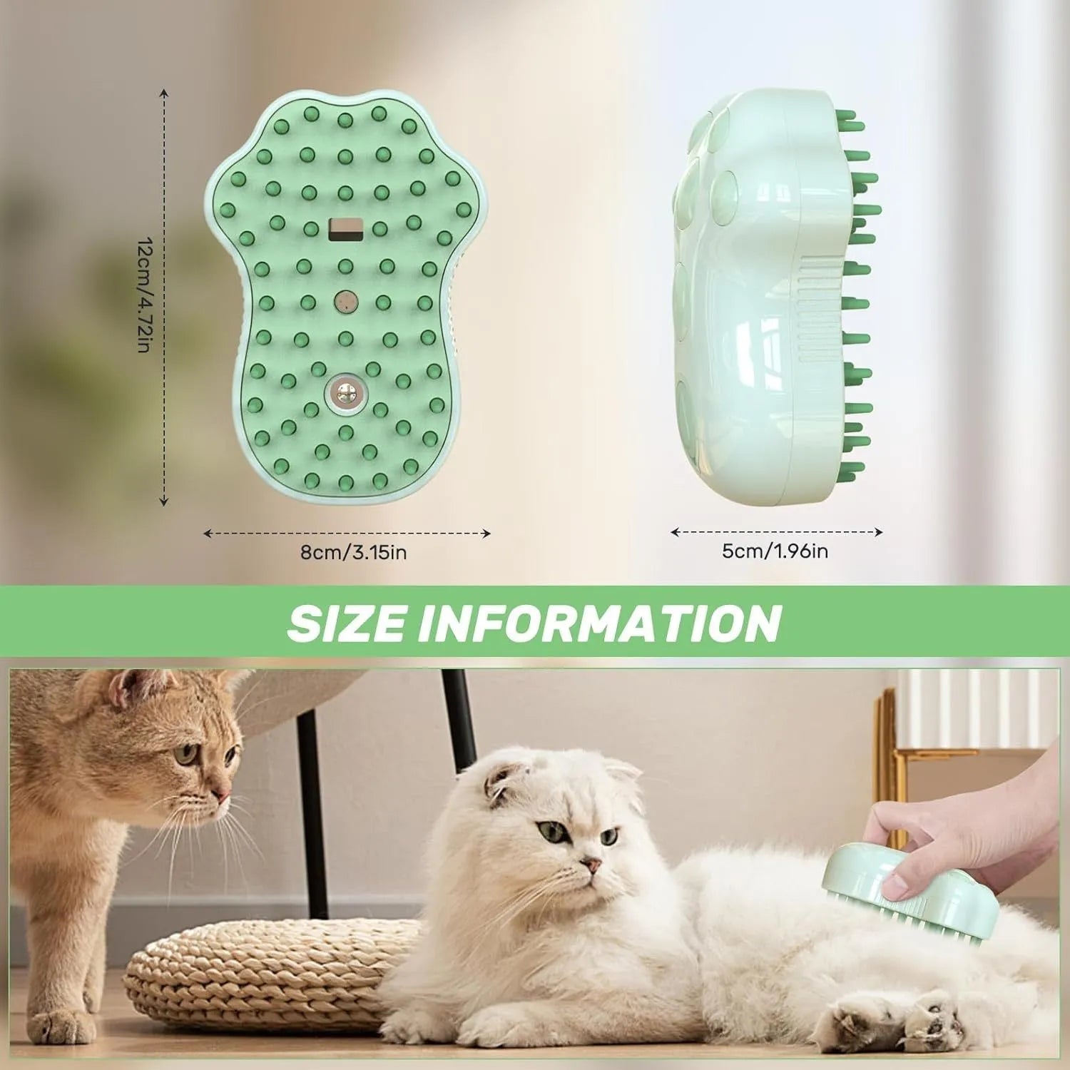 Blue self-cleaning cat steam brush with silicone bristles and a release button for pet grooming.