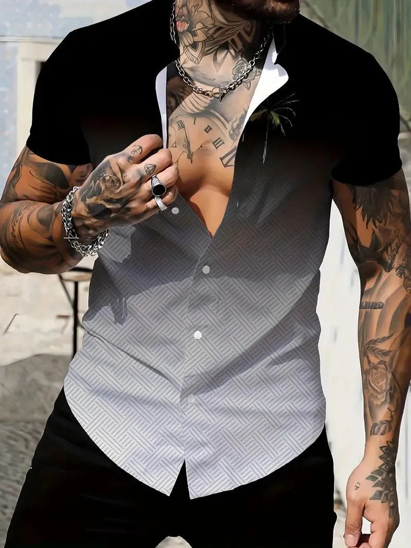 Men's slim fit geometric line print short sleeve lapel shirt in polyester on a mannequin.