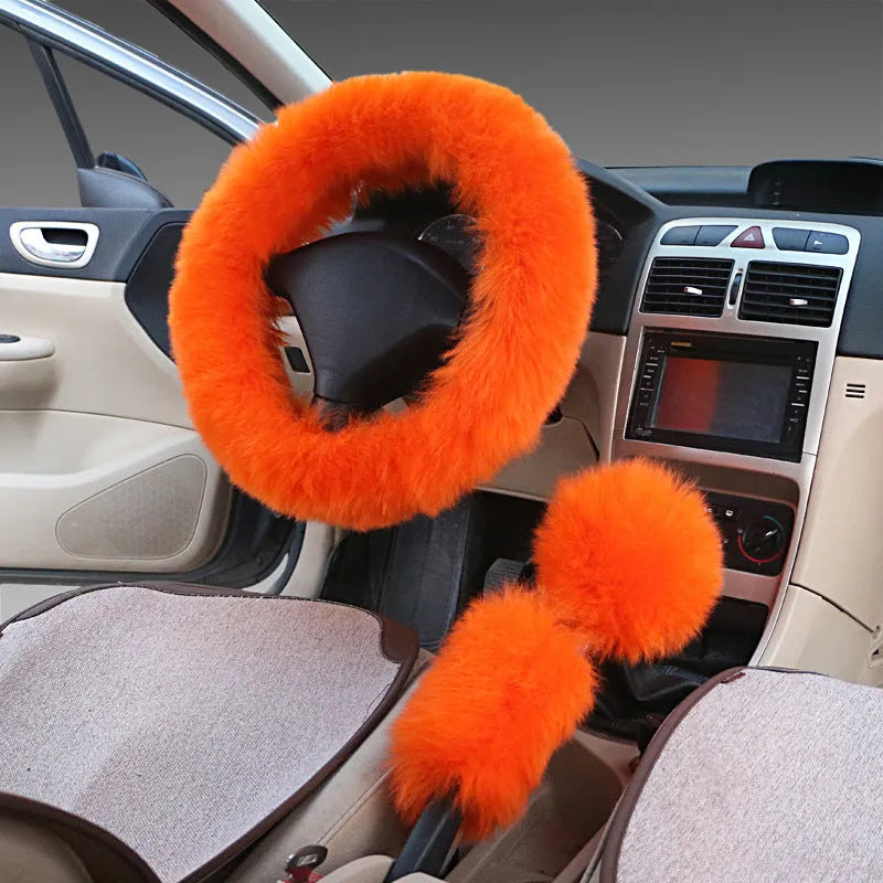 Wool and cashmere blend steering wheel cover and two matching handle covers set for 38cm diameter wheels.