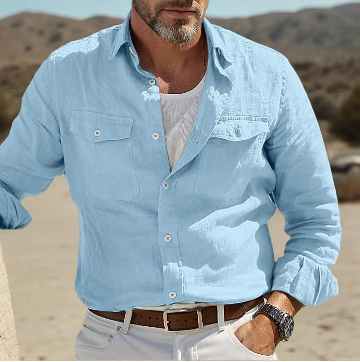 Men's long sleeve casual shirt in a cotton linen blend, shown in green, with a loose fit and button-down front.