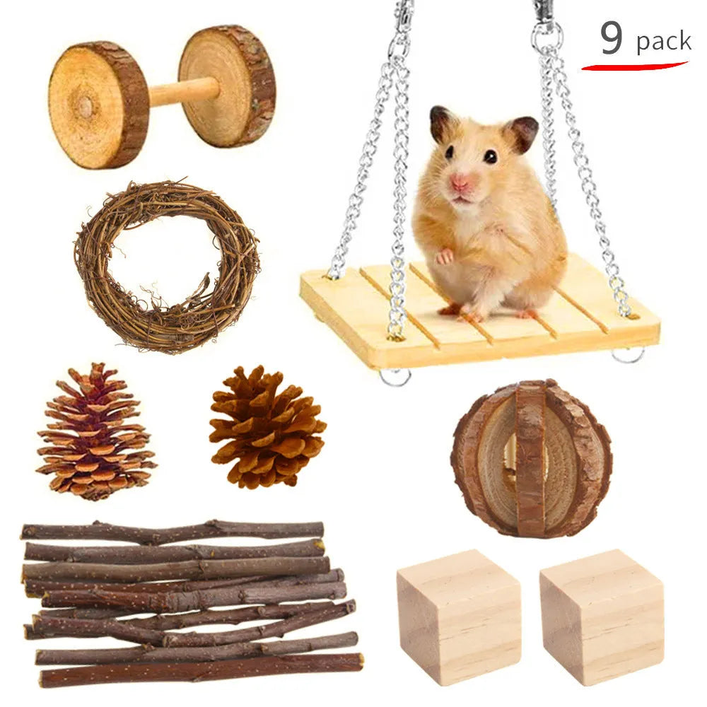 Assortment of wooden pet toys for rabbits guinea pigs and parrots in a set