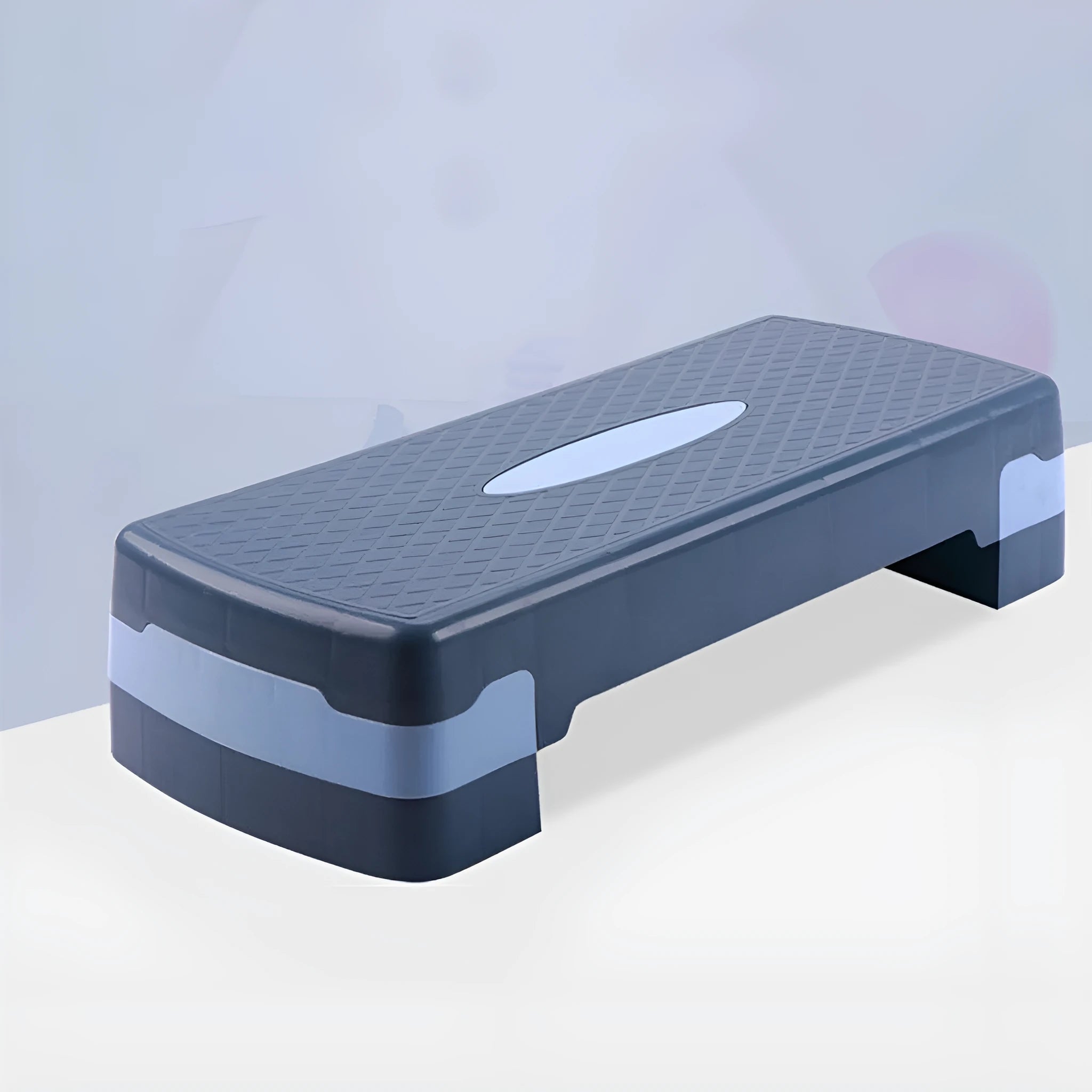 Grey ABS plastic aerobic step platform measuring 68x28x15cm for home fitness and yoga exercises.