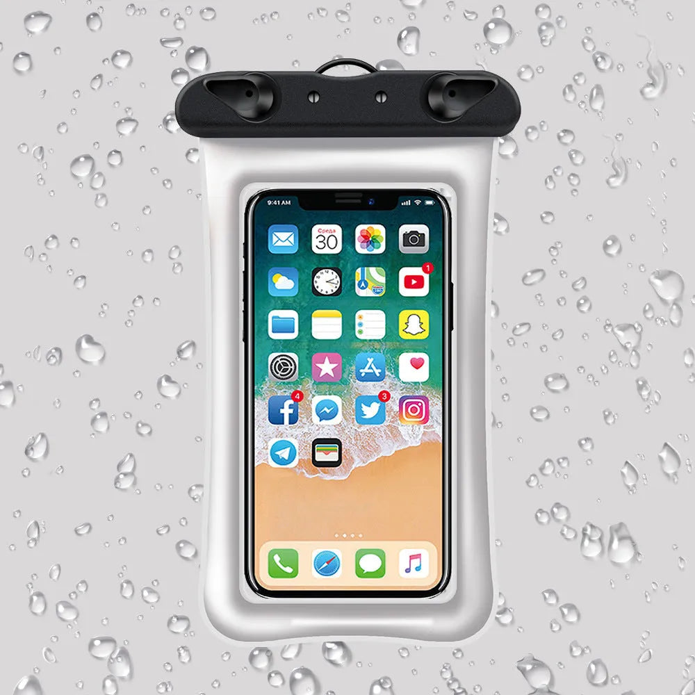 Orange waterproof phone pouch with clear window and black neck rope on a blue background.