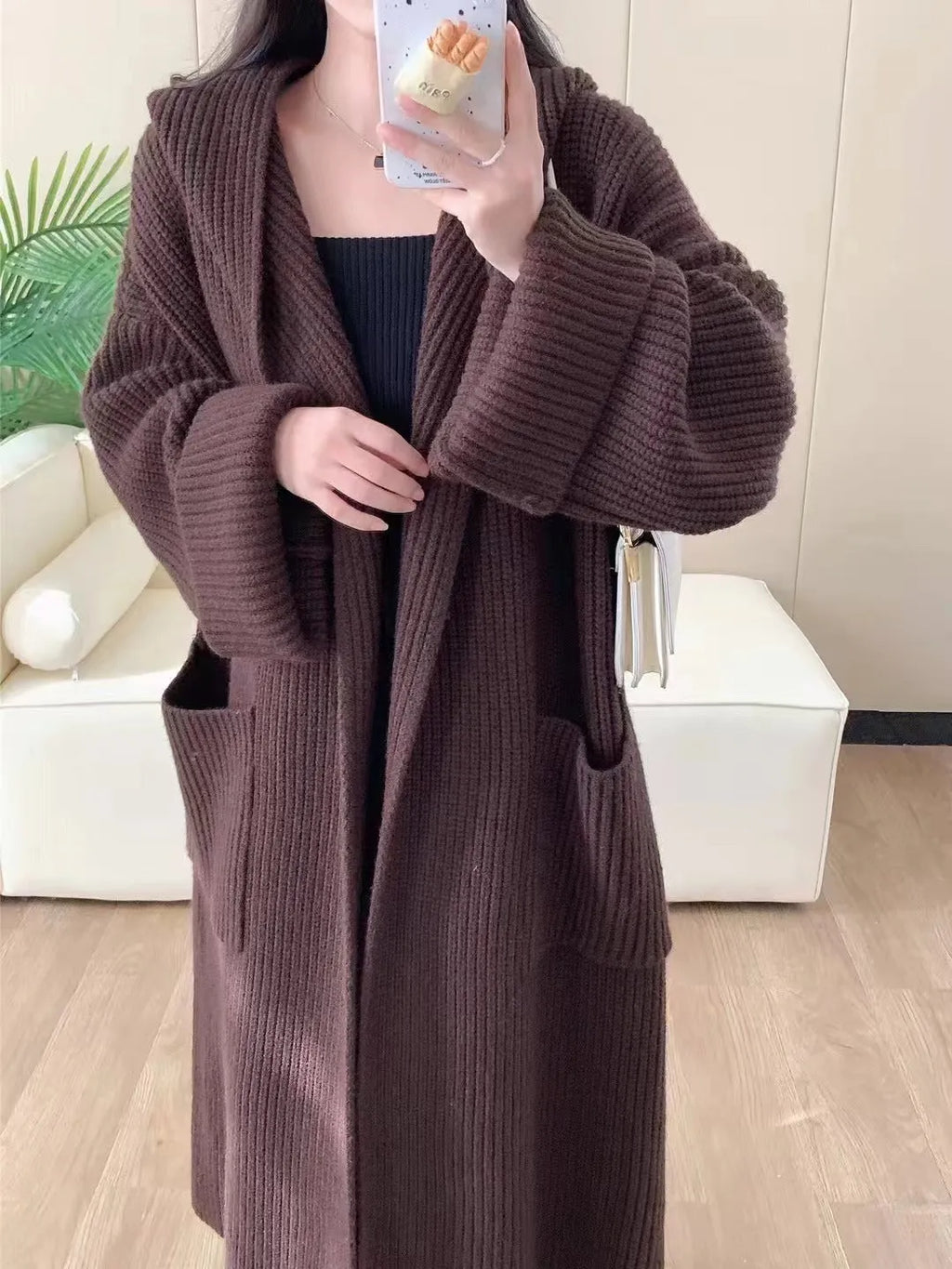 Loose-fit women's hooded cardigan coat in acrylic, shown in milky white colour