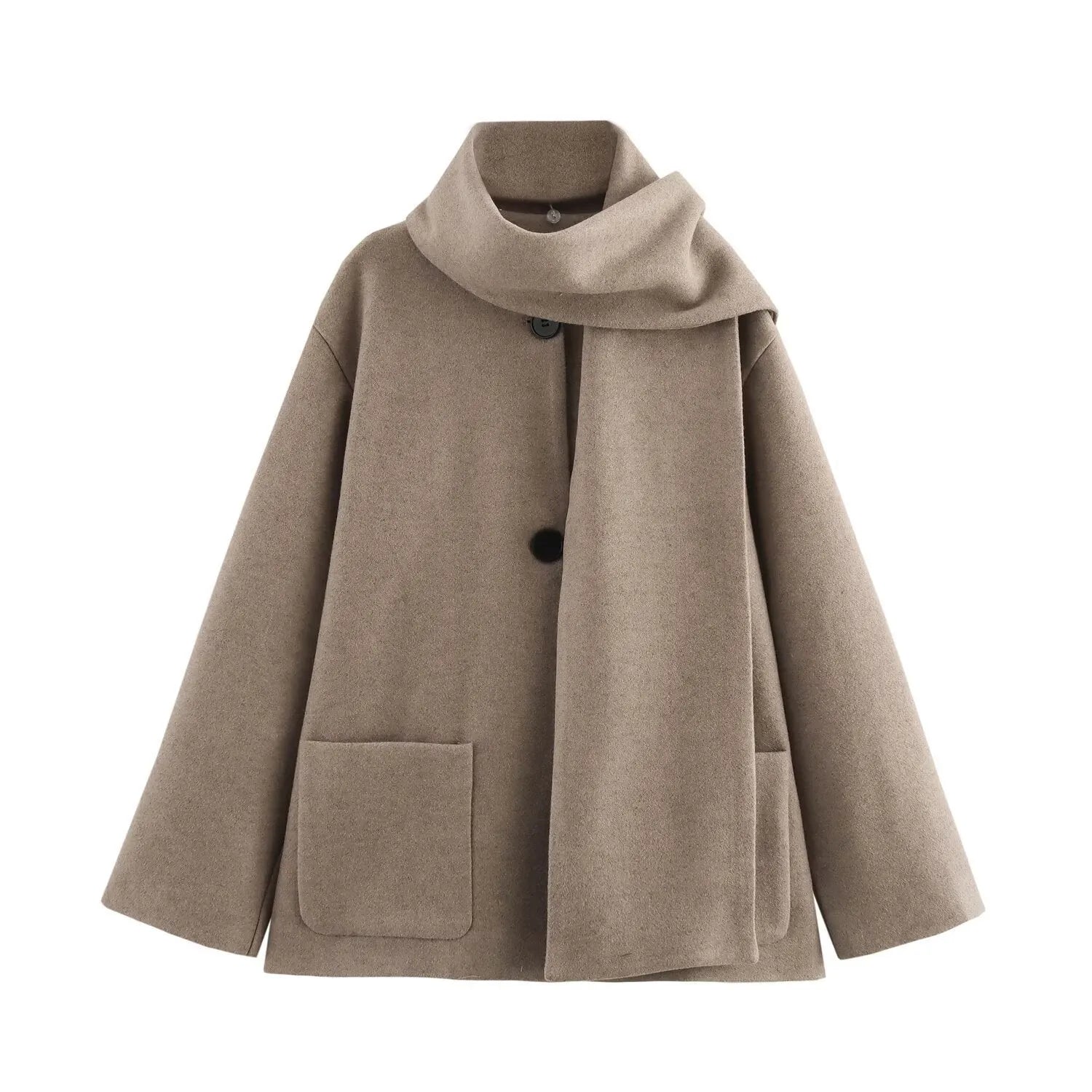 Women's long grey polyester coat with a thick artificial fur collar and pockets.
