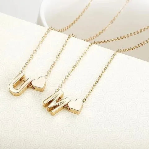 Peach heart shaped letter necklace pendant in gold or silver alloy jewellery