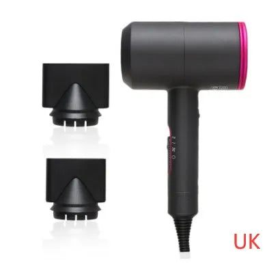 2000W hotel hair dryer with long cable in metallic black, showing UK plug