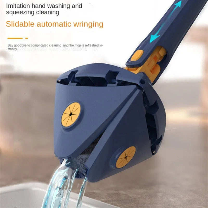 Blue triangle cleaning mop with extendable stainless steel pole and 360-degree rotating head