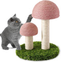 Pink mushroom-shaped cat scratching post with natural sisal fabric on mushroom cap and pole