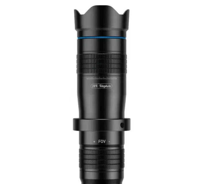 Black 36x optical zoom monocular lens attached to smartphone on adjustable tripod for outdoor photography