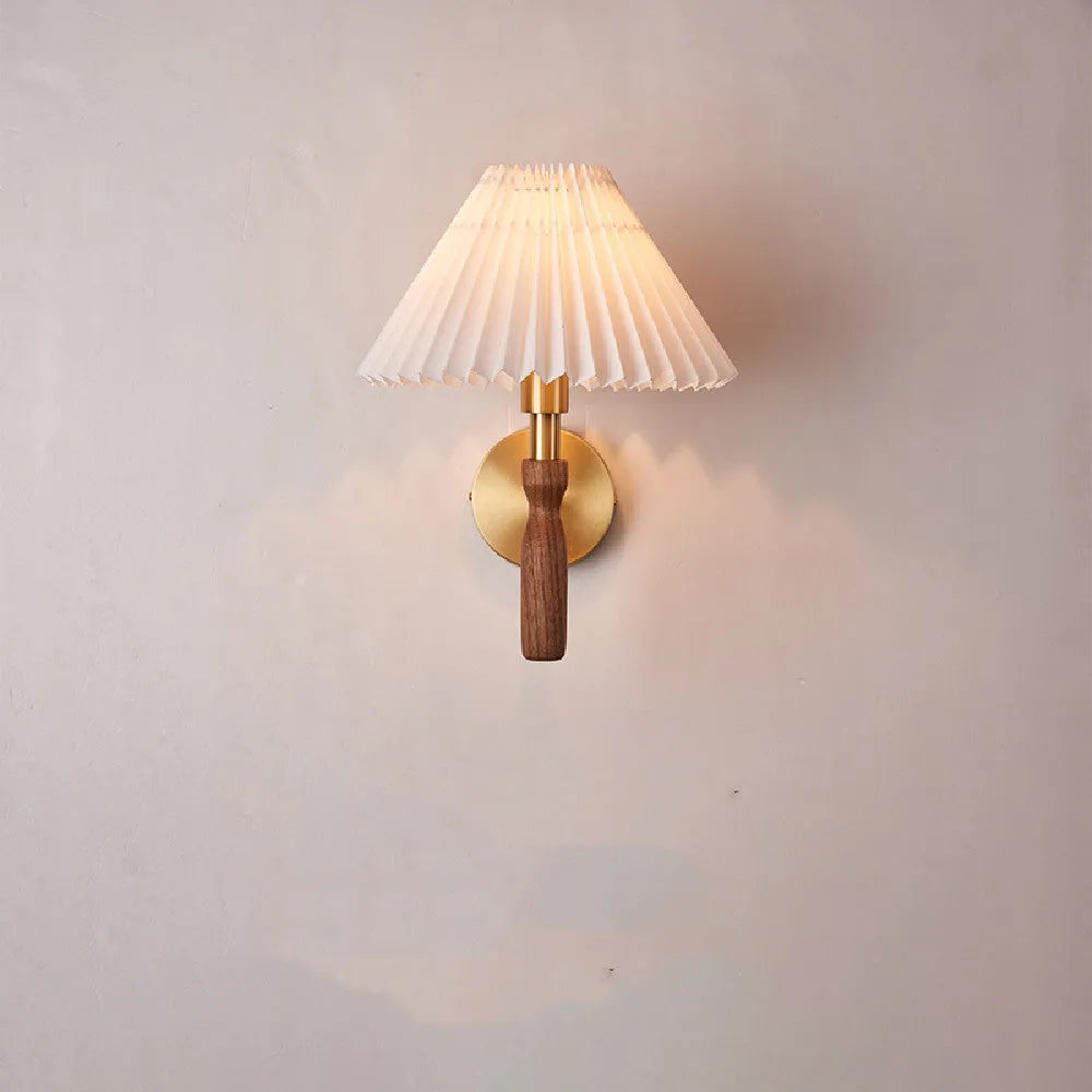 American retro wall lamp with rubber wood frame and fabric elements in walnut finish