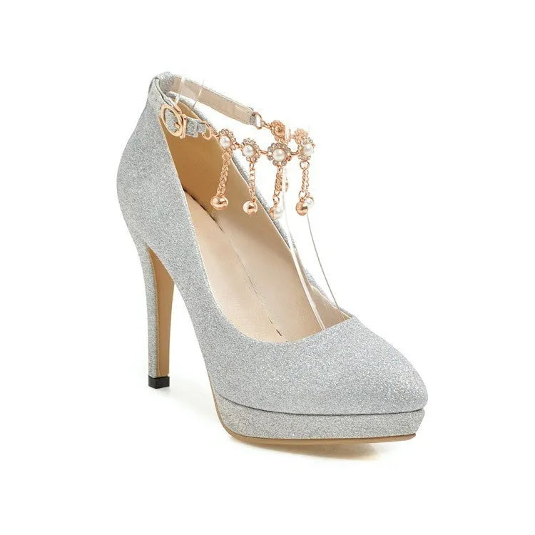 Women's platform high heels with stiletto heel in blue colour showing pointed toe and fabric upper