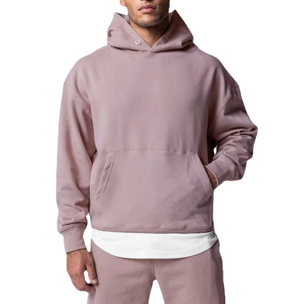 Men's cotton hoodie and jogger tracksuit set in black with pullover top and trousers for sports