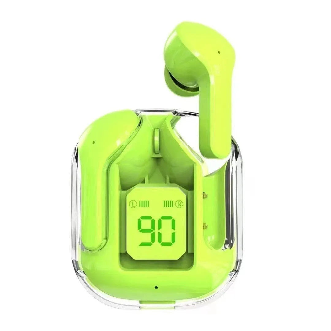 Transparent space capsule Bluetooth headset body with digital display and Jerry chip in black white blue green and peach