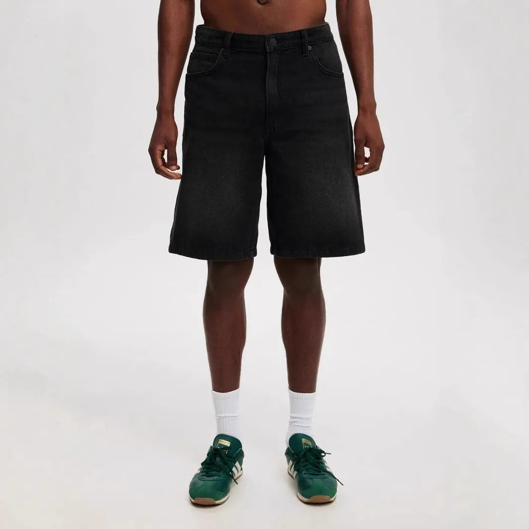 Men's loose straight-leg cotton jeans in light blue, black or grey for summer wear