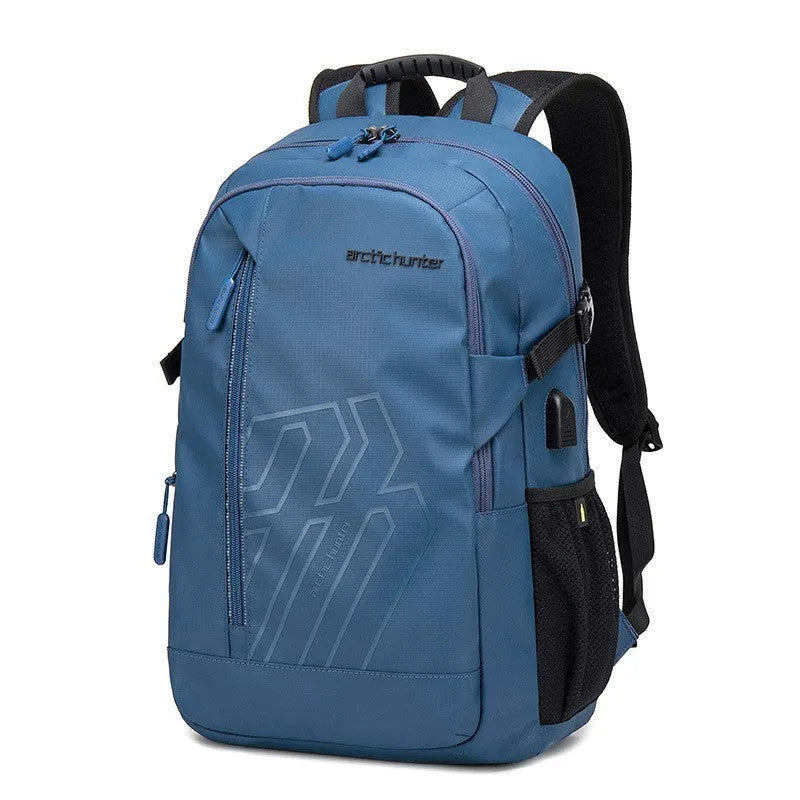 Blue plaid pattern 18-inch casual computer backpack with curved shoulder straps showing large main compartment