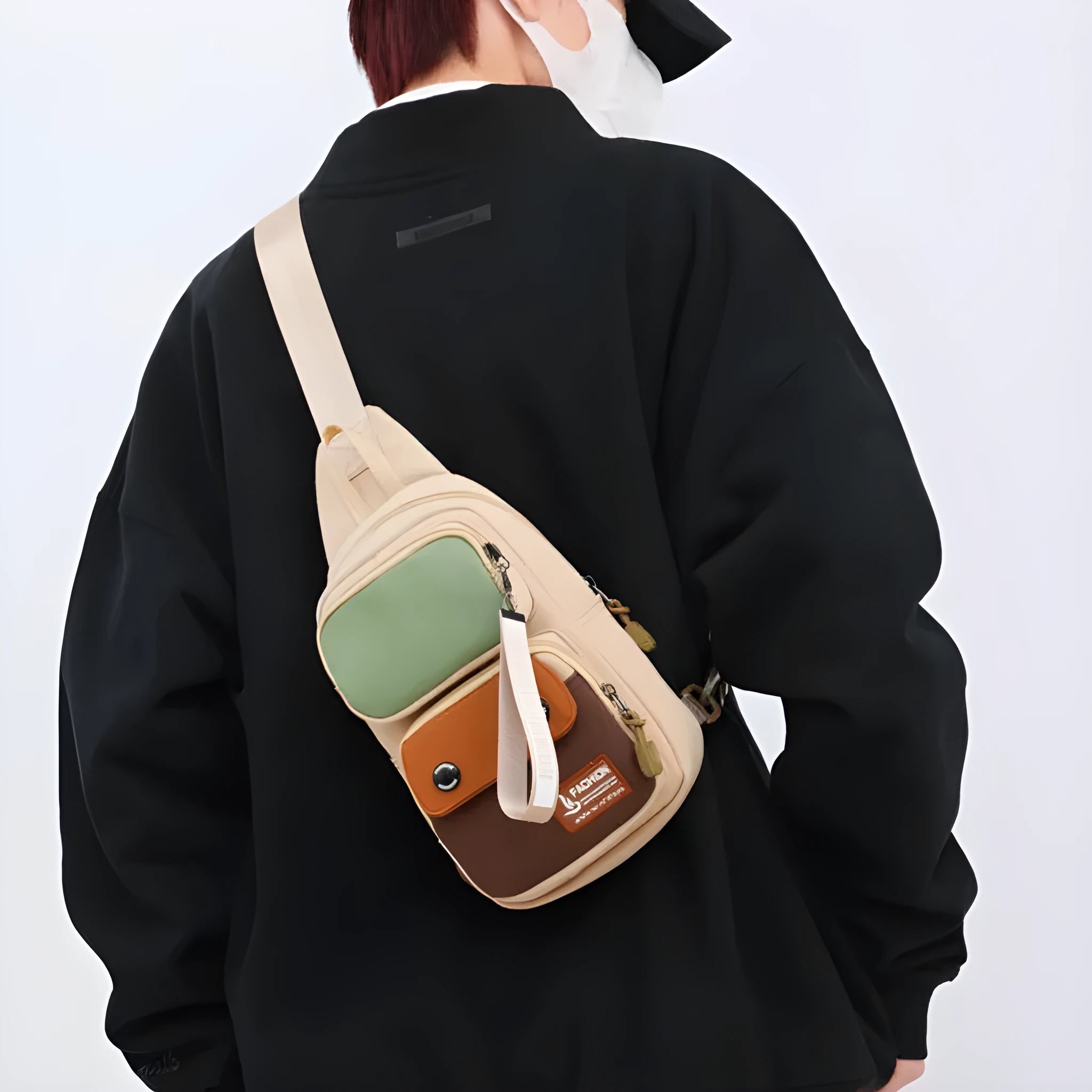Nylon crossbody shoulder bag with letter pattern in beige contrast colour