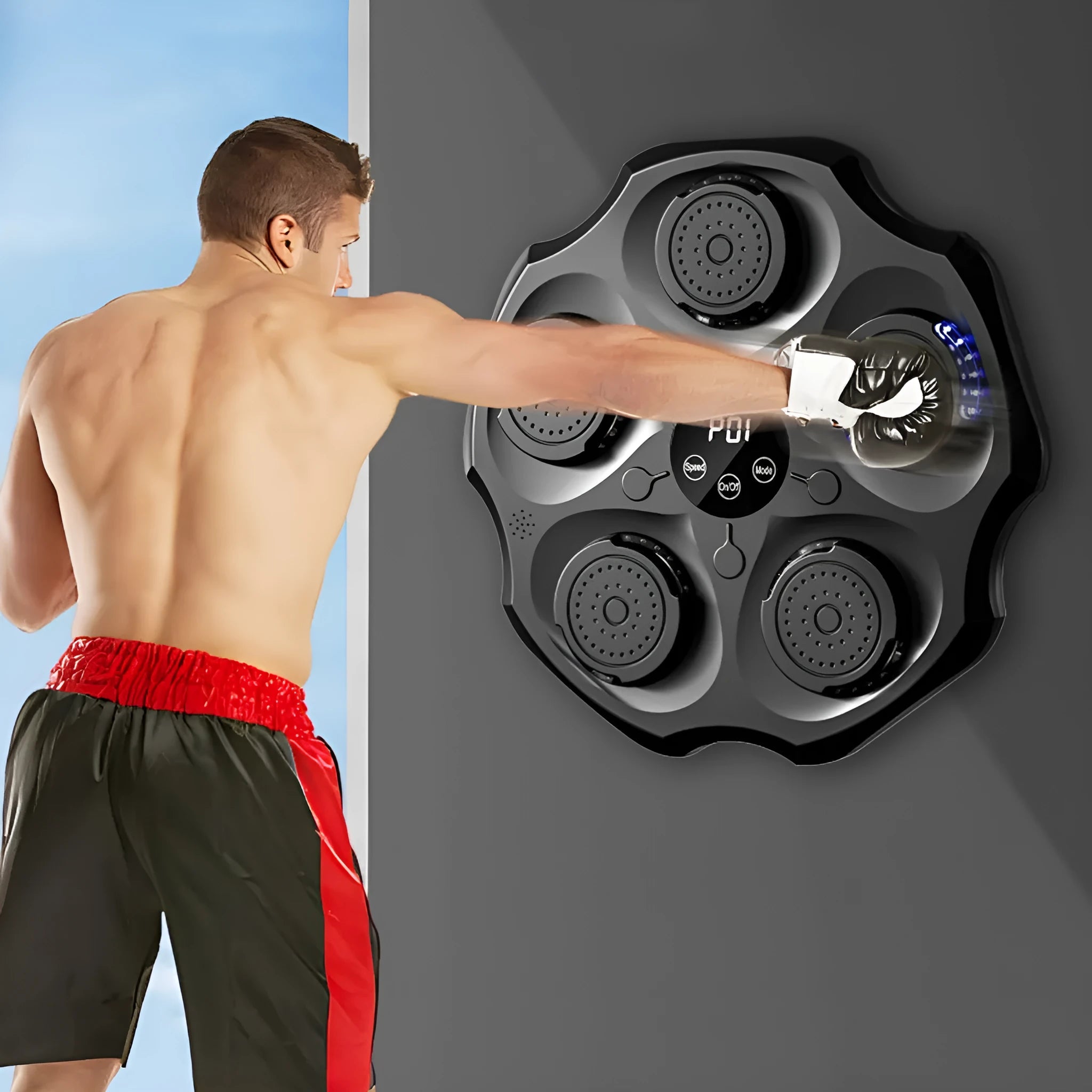 Black Bluetooth music boxing wall target mounted on wall with gloves for rhythm recognition training