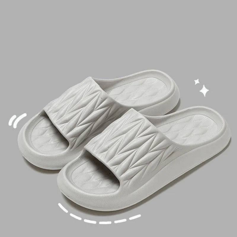Leaf texture design EVA slippers for indoor use, shown in available colours.