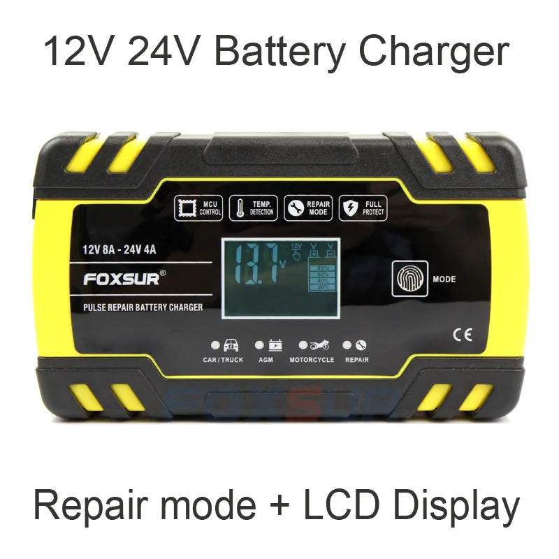 Motorcycle car battery charger with digital screen display showing 12V 24V outputs
