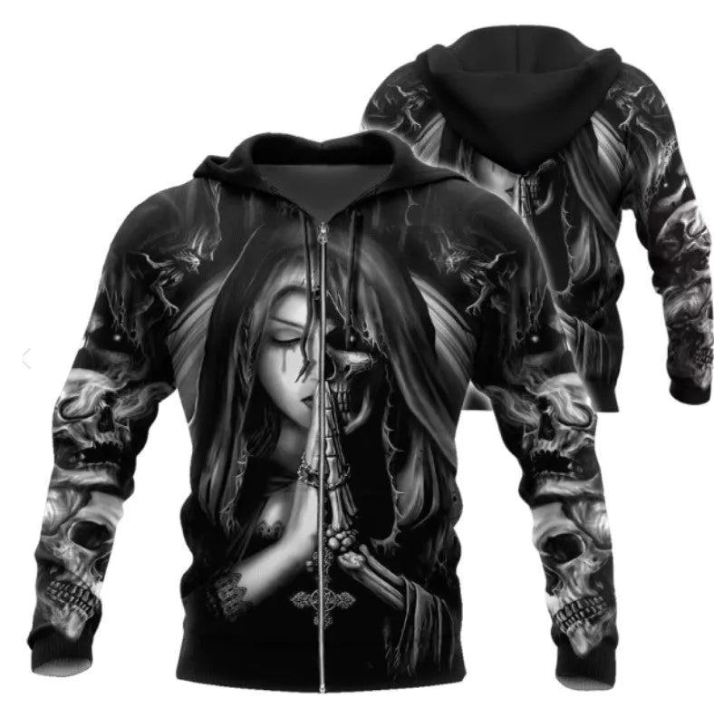 Men's black hooded sweatshirt with a large 3D white anime skull graphic on the front.