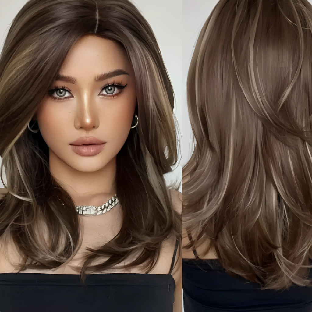 Mid-length platinum gradient curly wig with long bangs in white gold colour