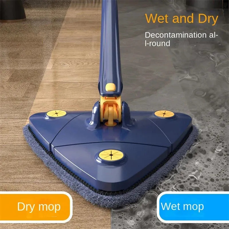 Blue triangle cleaning mop with extendable stainless steel pole and 360-degree rotating head