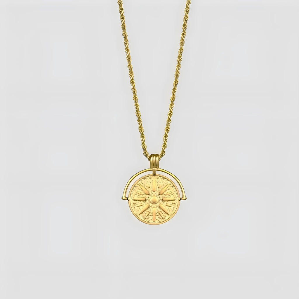 Women's titanium steel sunflower pendant necklace with embossed round design and hemp flower chain