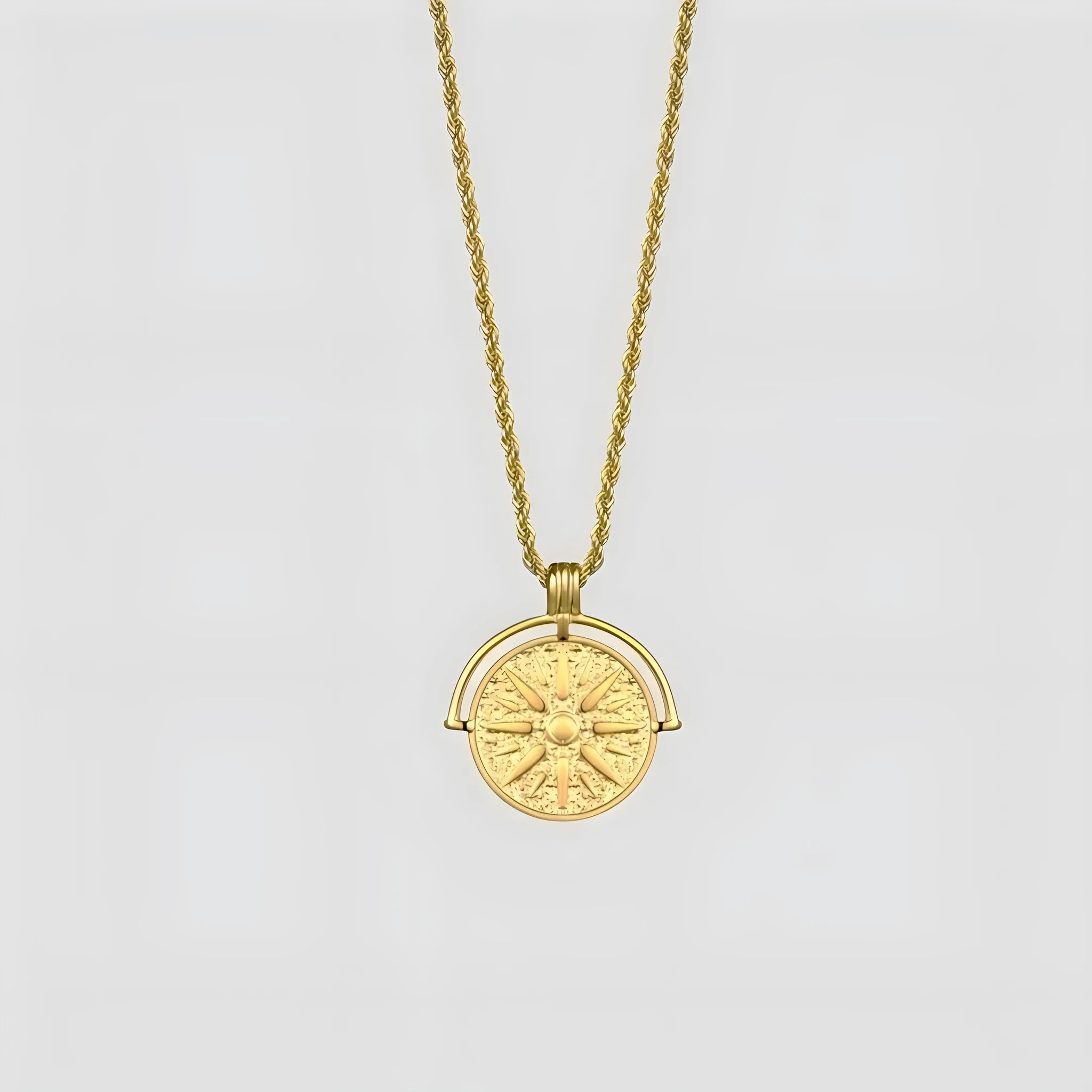 Women's titanium steel sunflower pendant necklace with embossed round design and hemp flower chain