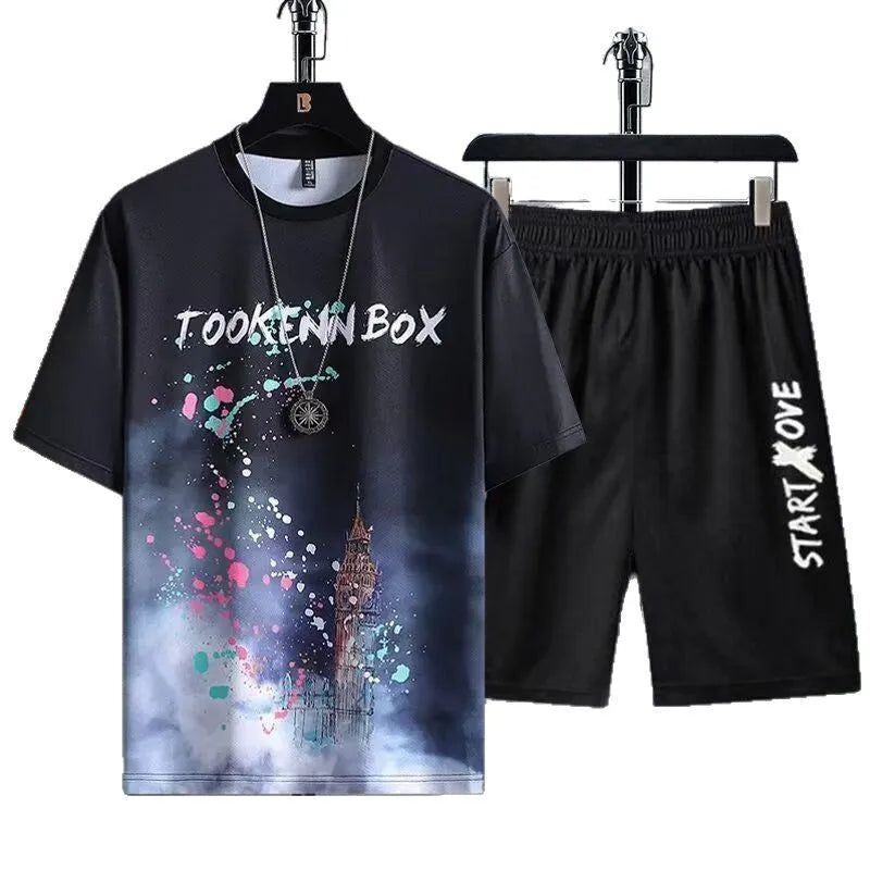 Men's summer suit with short sleeve t-shirt and matching shorts in lightweight polyester fabric