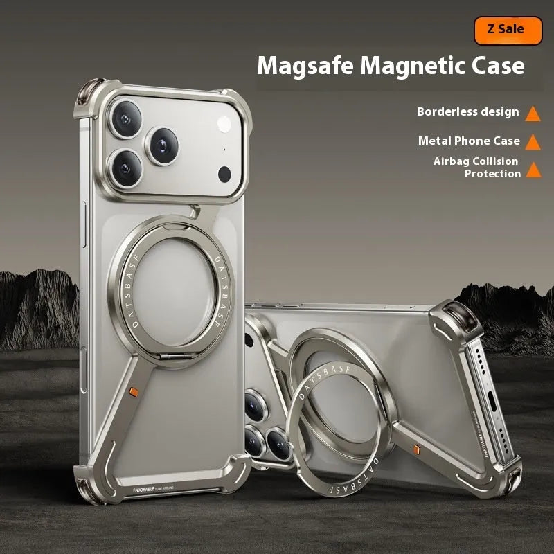 Black metal frame phone case for IPhone17Promax showing invisible magnetic bracket and electroplated finish