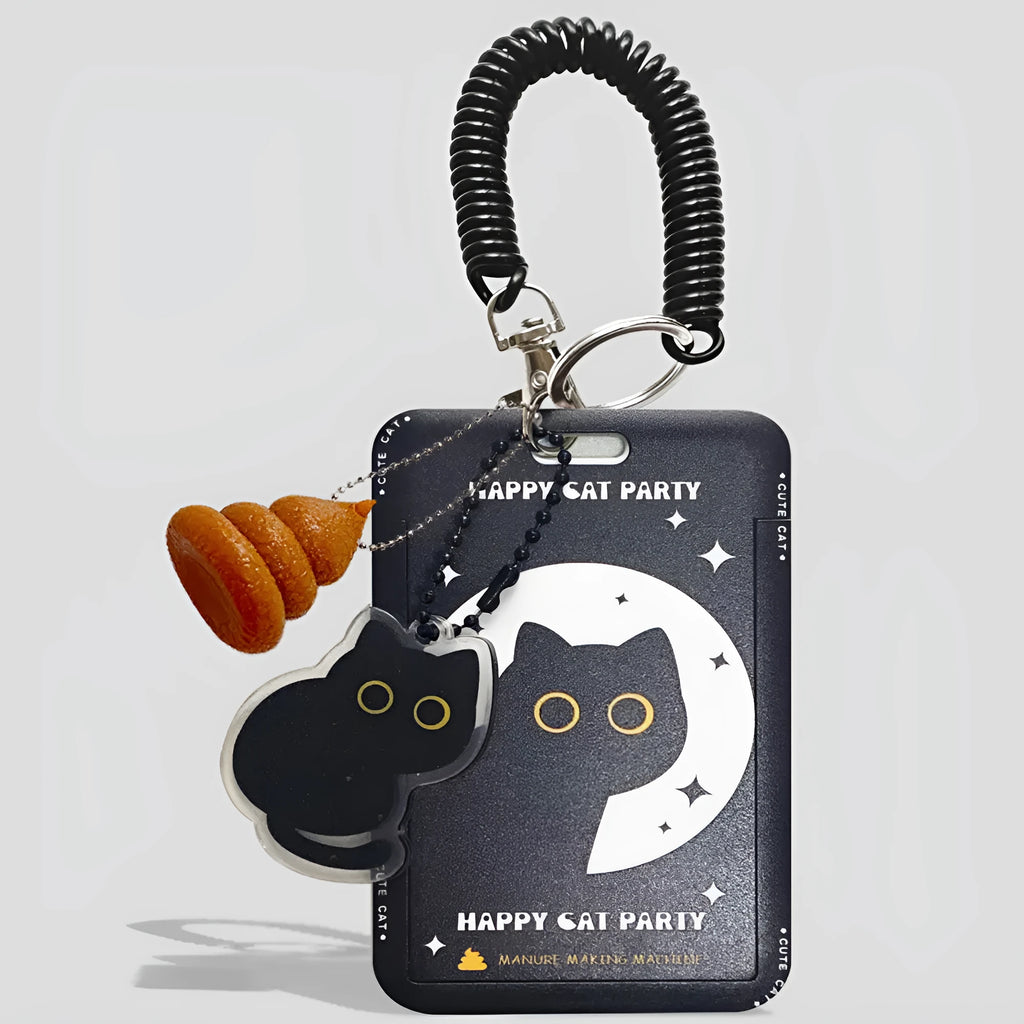 Cartoon black cat design plastic card sleeve holder with ferrule pendant for bus and student cards