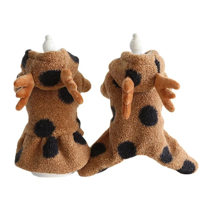Polka dot elk couple pattern pet costume shown in skirt and four-leg styles for cats and dogs