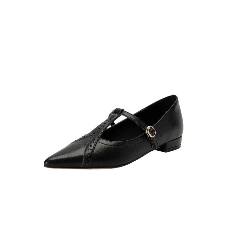 Brown women's low-cut cowhide leather flat shoes with round toe and soft sole on a white background.