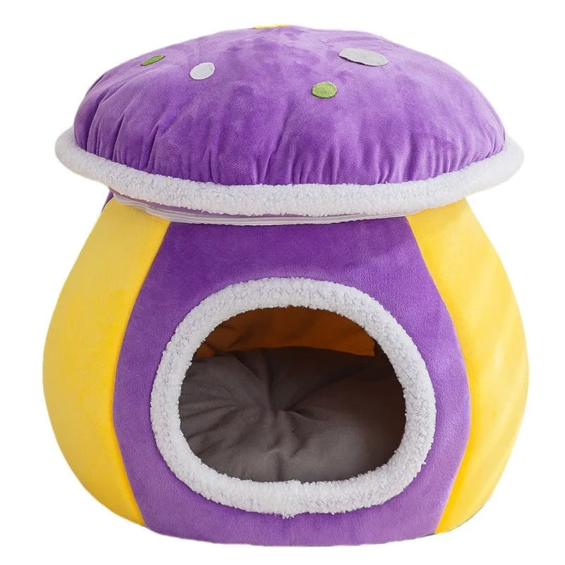 Grey mushroom-shaped plush cat bed with a detachable design and included blanket.