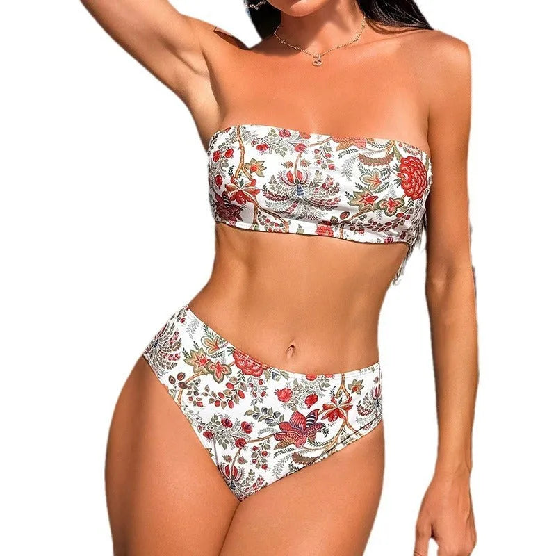 Women's printed bandeau swimsuit set with triangle top and matching shorts for beach swimming