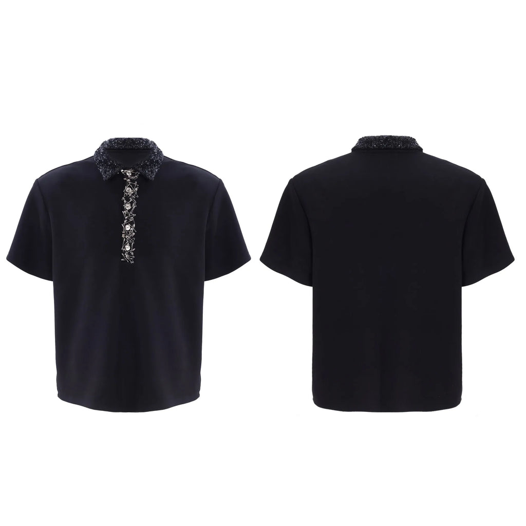 Men's loose fit polo t-shirt with square collar and short sleeves in solid colour